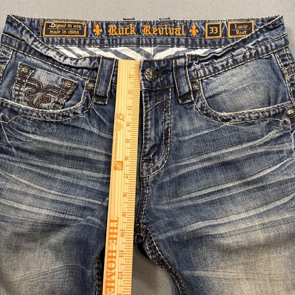ROCK REVIVAL LUCIO 33 BOOT EMBROIDERED WHISKERING THICK STITCH JEANS - Picture 8 of 10